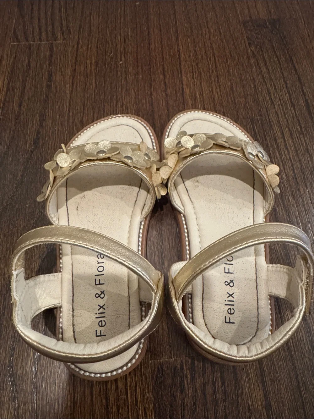 Felix & Flora Gold Floral Sandals Girls Size 10 Hook & Loop Dress Easter Wedding